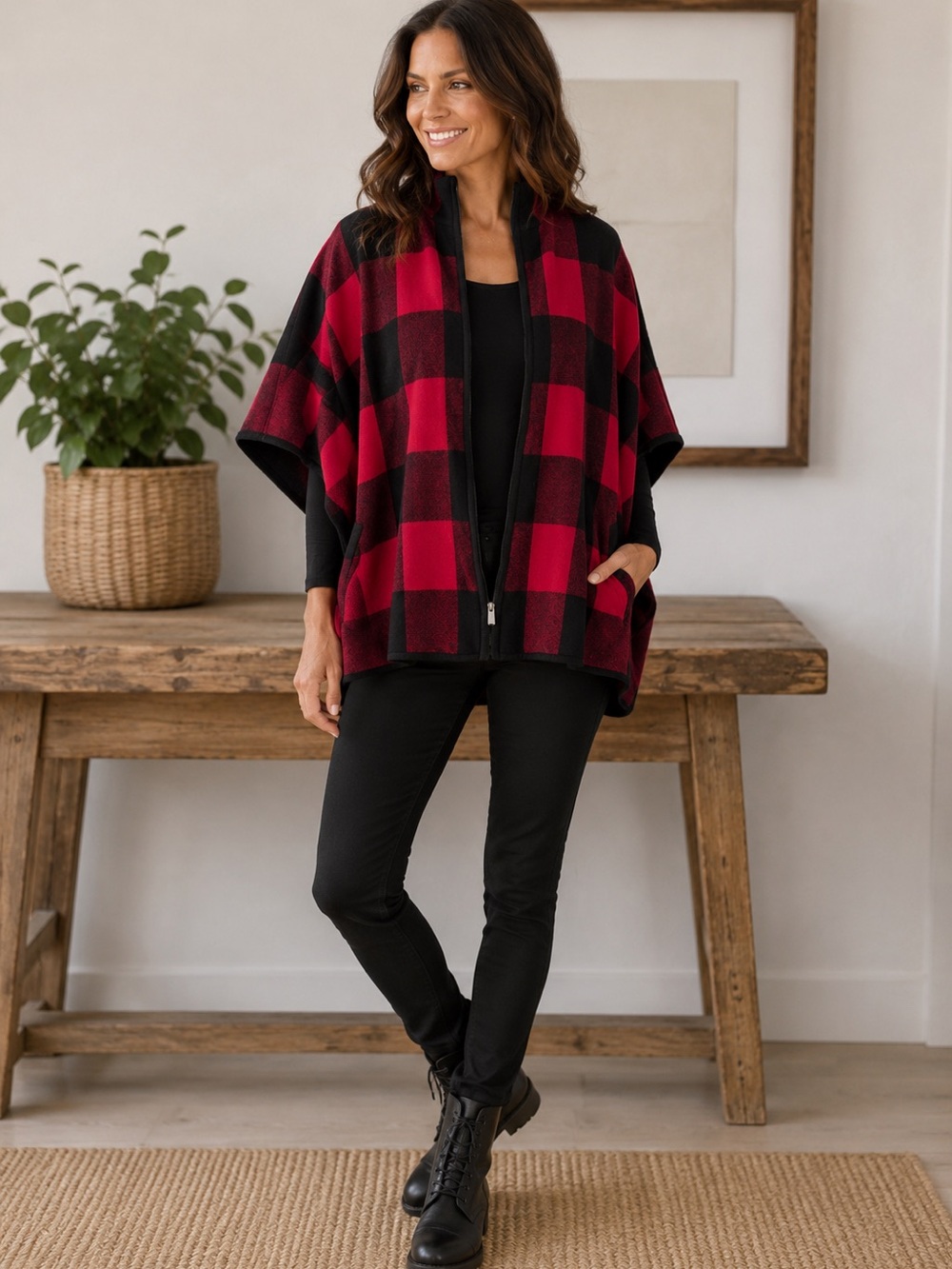 Jones New York Red,Black Knit Jacket Sweater Shawl ZipUp Poncho with open arms